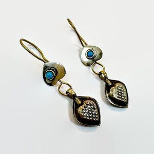 Vintage Heart Earrings Afghan: Middle Eastern, Brass, Silver, Turquoise